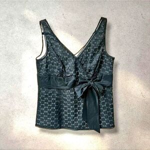 ANN TAYLOR Plus BLACK V Neck open eyeLet  front tie bow elegant Tank Top Size 14